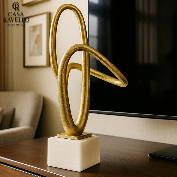 Escultura decorativa em Resina e Pedra Branca - Infinito de Ouro