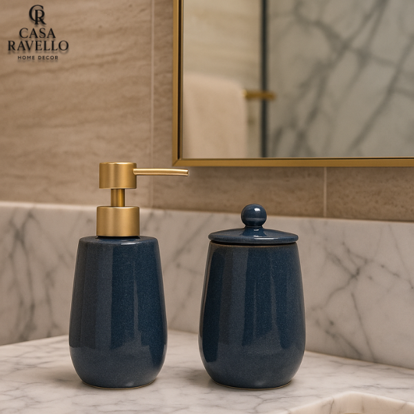 Dispenser e Porta Escova em Cerâmica - Blu Notte Cerâmica